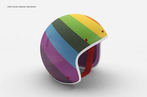 Colorful open face motorcycle helmet mockup with vibrant rainbow pattern, displayed at an angle on a plain surface.