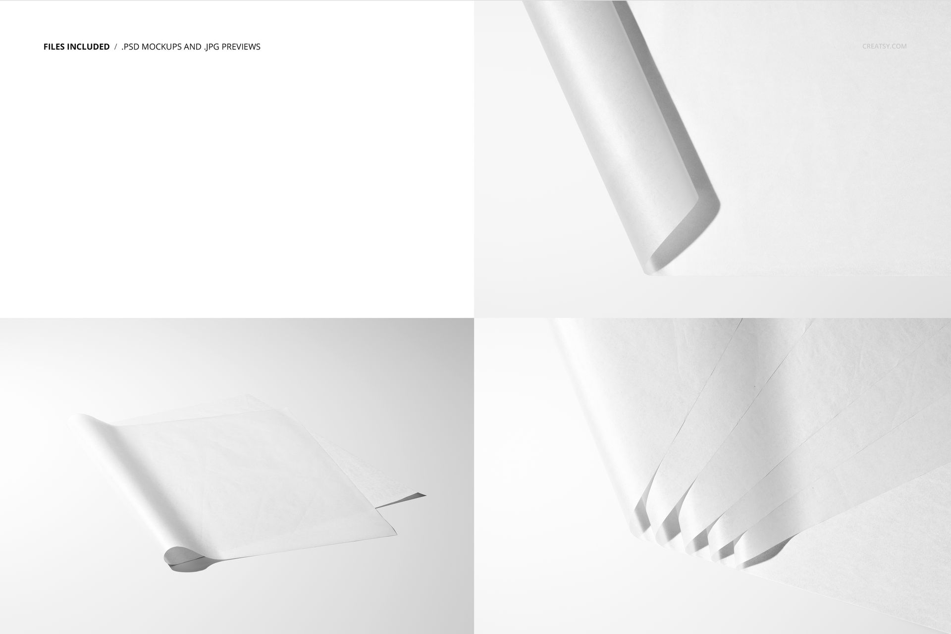White tissue paper mockup featuring close-up and top-down perspectives with sheets shown flat, folded, and layered.