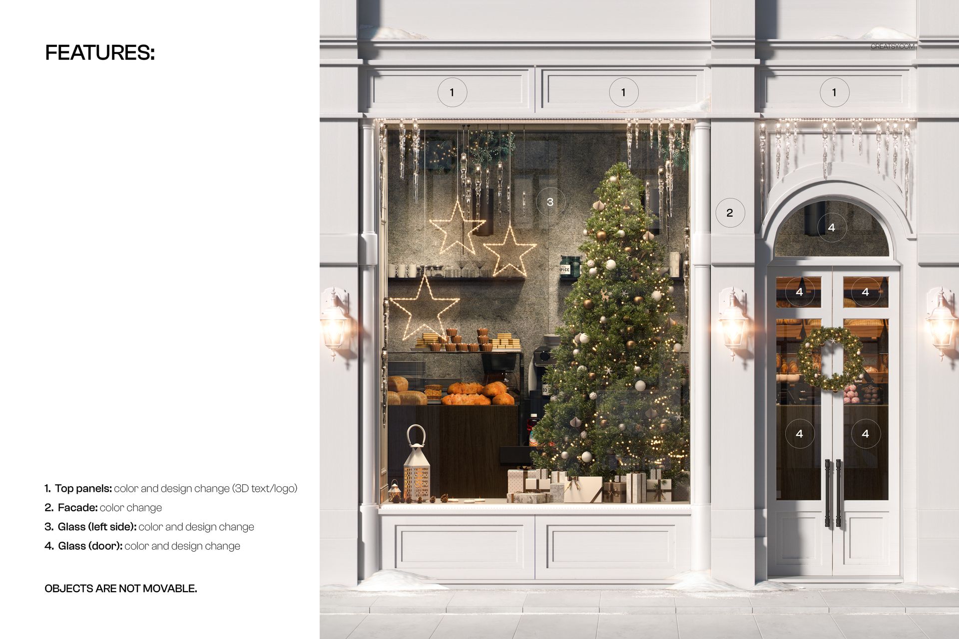 Traditional Christmas storefront mockup with festive decorations, bakery interior, tree, hanging stars, and snowy pavement.