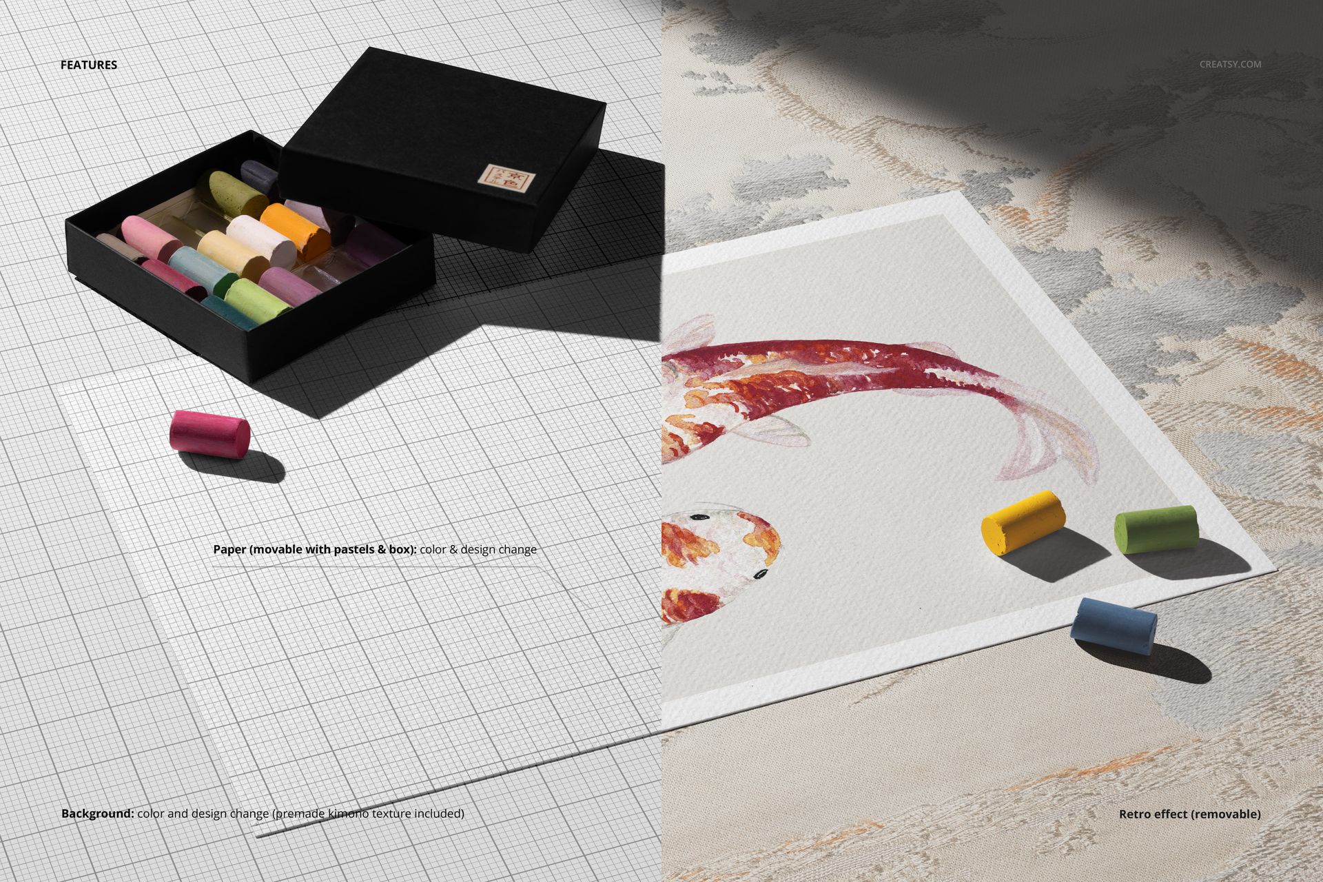 Vertical and horizontal poster mockup with Japanese pastel sticks, soft shadows, and a koi fish illustration.