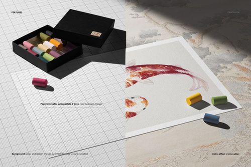 Vertical and horizontal poster mockup with Japanese pastel sticks, soft shadows, and a koi fish illustration.