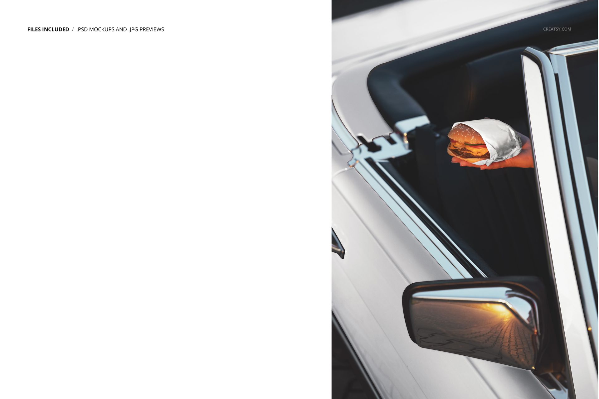 PSD mockup showing a burger in hand with packaging, arm extended from a classic convertible vehicle, outdoor lighting.