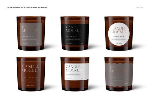 Six amber glass jar candles with cotton wicks and matte lids, shown in a PSD mockup set with assorted label styles.
