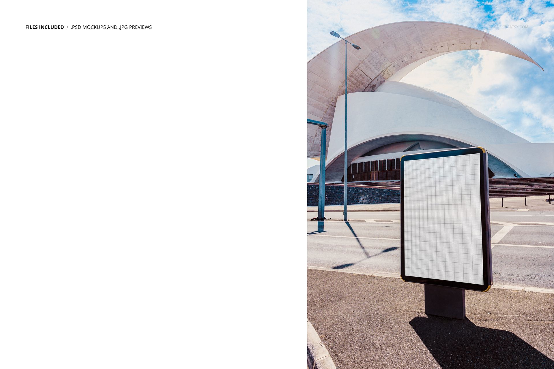 Front view of a city lightbox poster mockup with grid overlay, set outdoors near a modern architectural building.