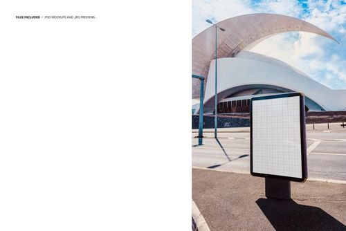 Front view of a city lightbox poster mockup with grid overlay, set outdoors near a modern architectural building.