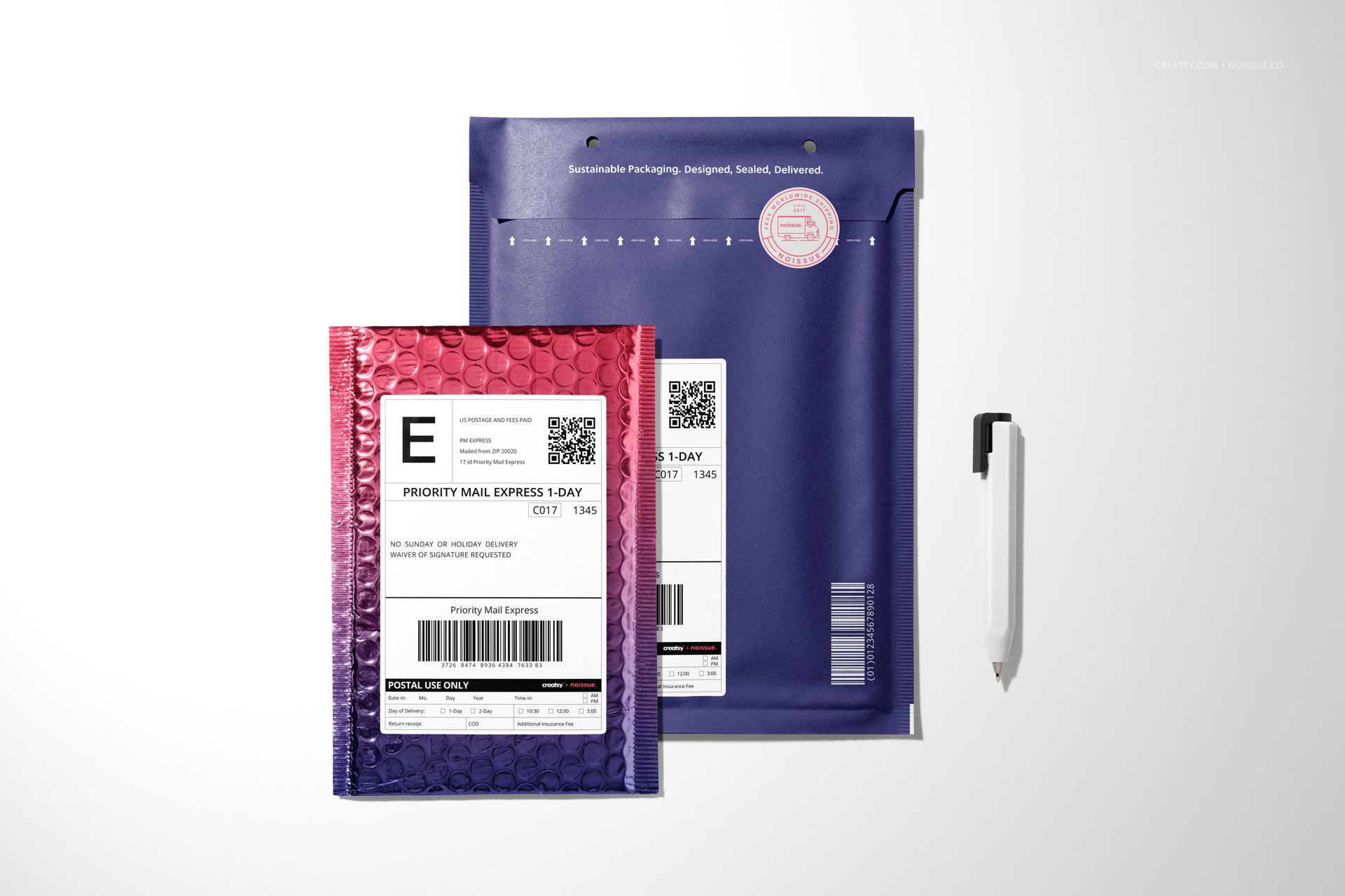 Mockup set showing a metallic bubble mailer and a flat envelope, both with shipping labels, viewed from the front.