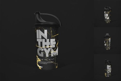 Front view of a plastic drink bottle mockup featuring black color, large white lettering, and gold streak accents.