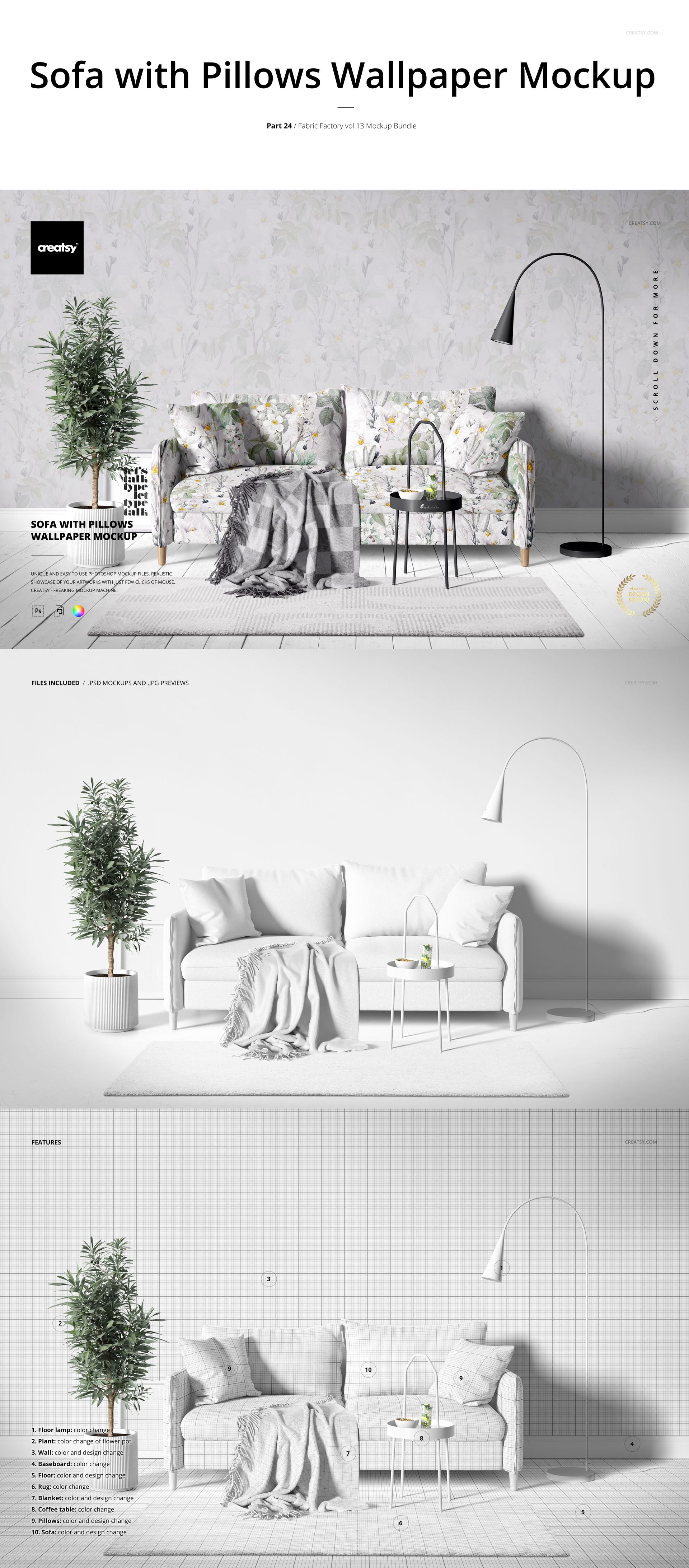 Front view of a living room scene with a patterned sofa, decorative pillows, floor lamp, and wallpaper mockup.