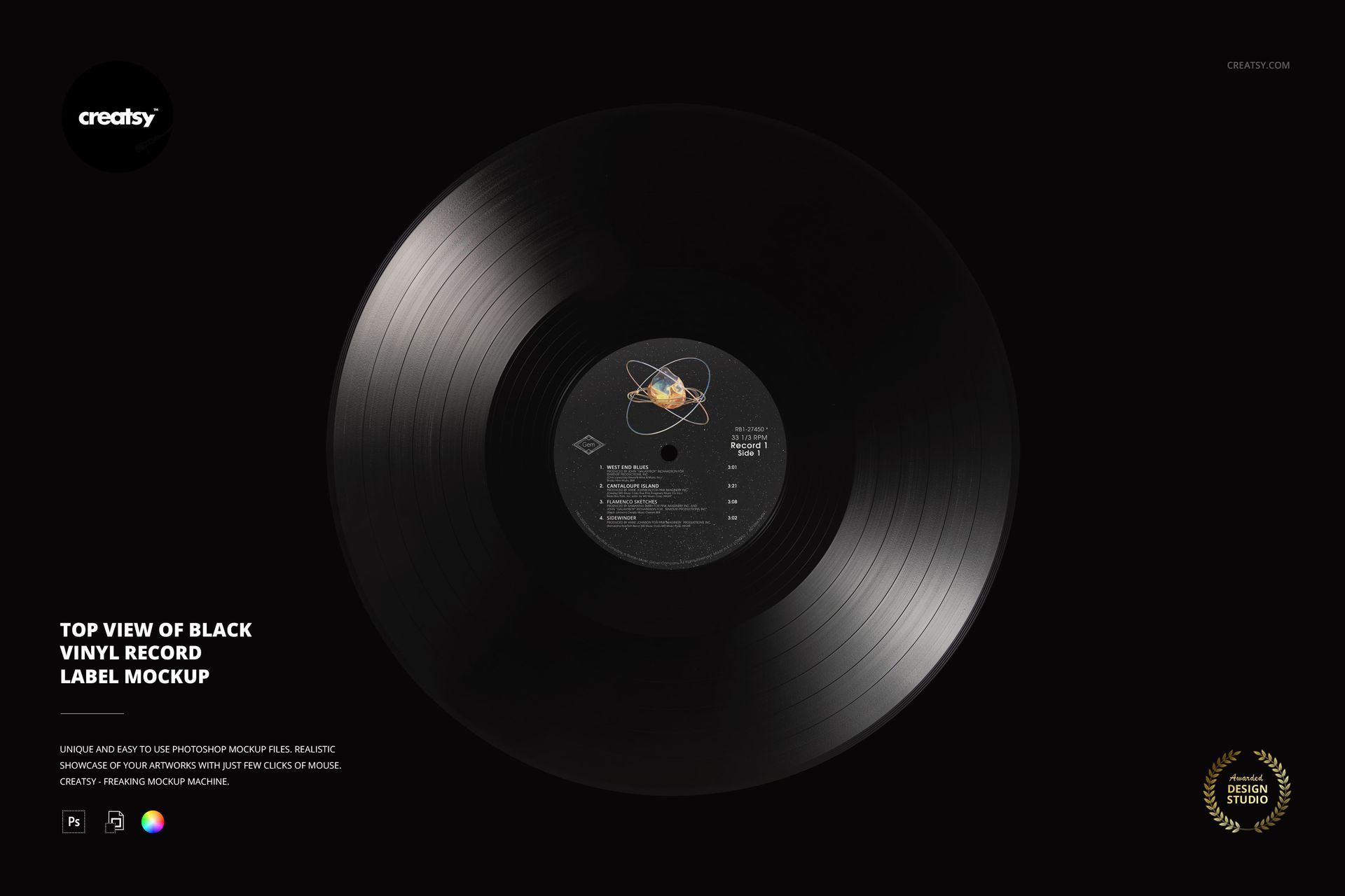 Top view of a black vinyl record with a detailed center label, set against a dark background for a music mockup.