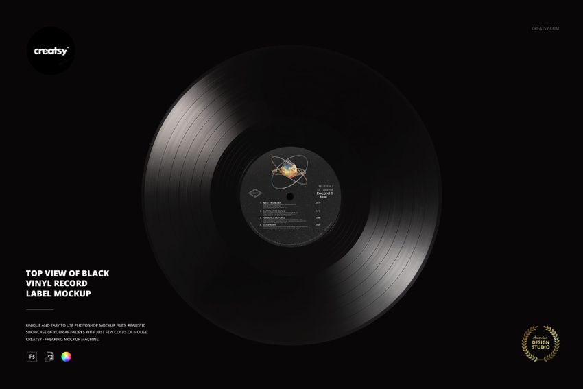 Top view of a black vinyl record with a detailed center label, set against a dark background for a music mockup.