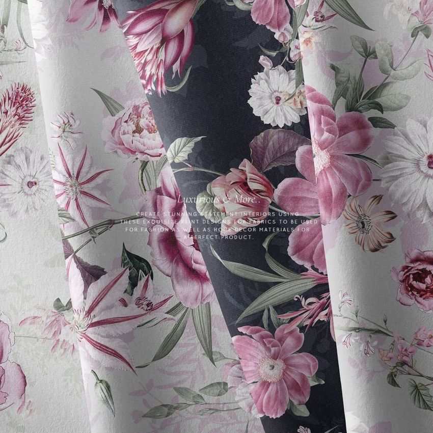 Folded fabrics mockup showing three fabric panels with floral patterns in pink and white tones, viewed from above.