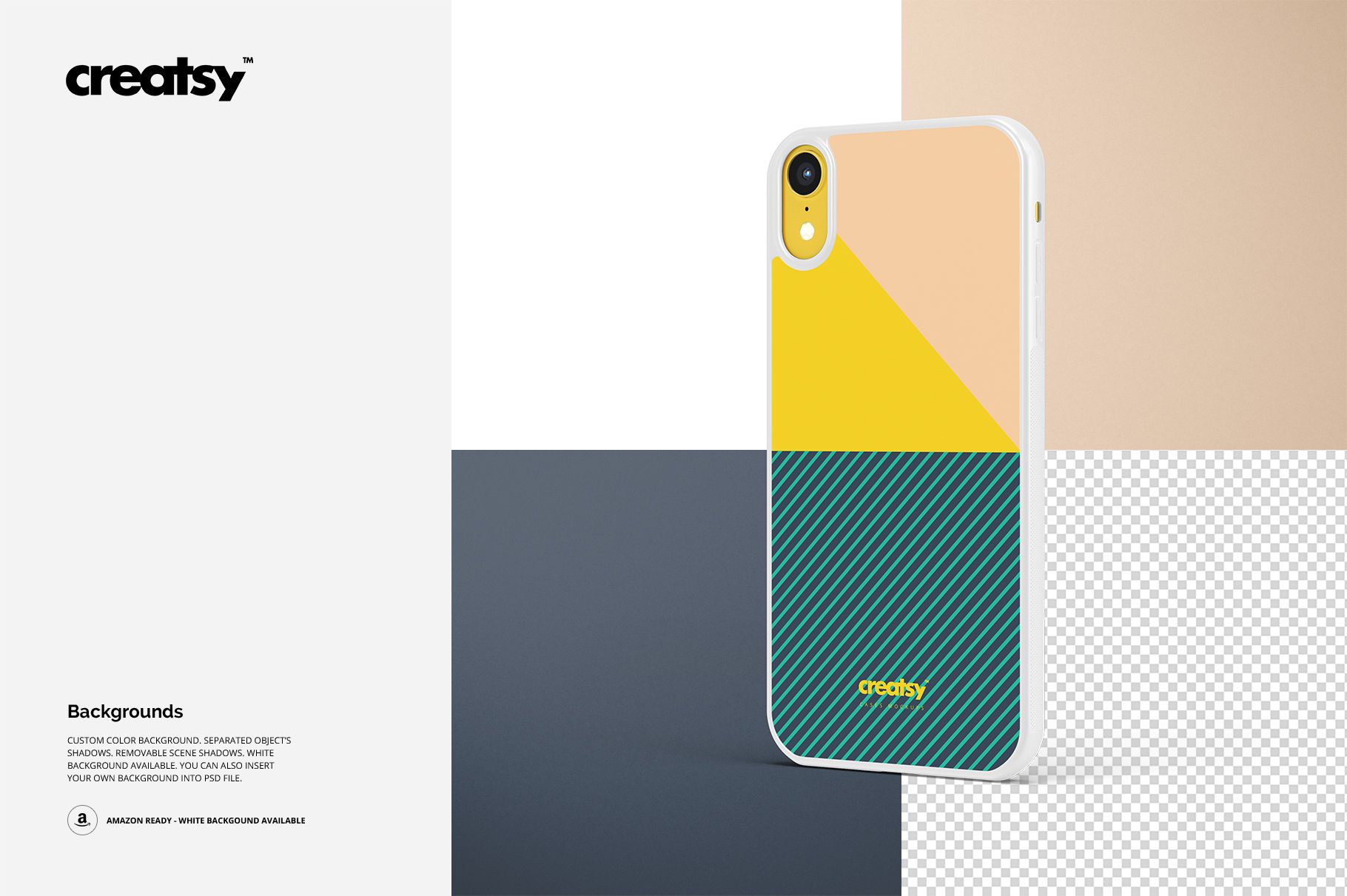 iPhone XR 2D case mockup featuring a white border and geometric pattern, shown against multiple background options.
