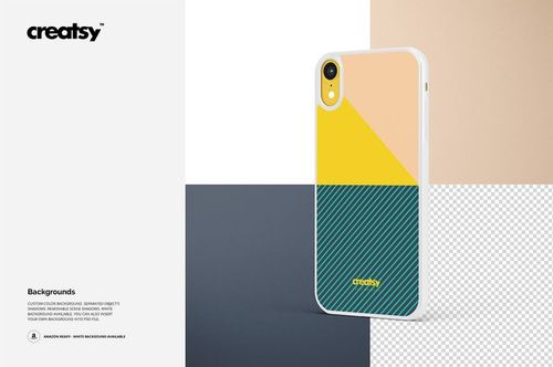 iPhone XR 2D case mockup featuring a white border and geometric pattern, shown against multiple background options.