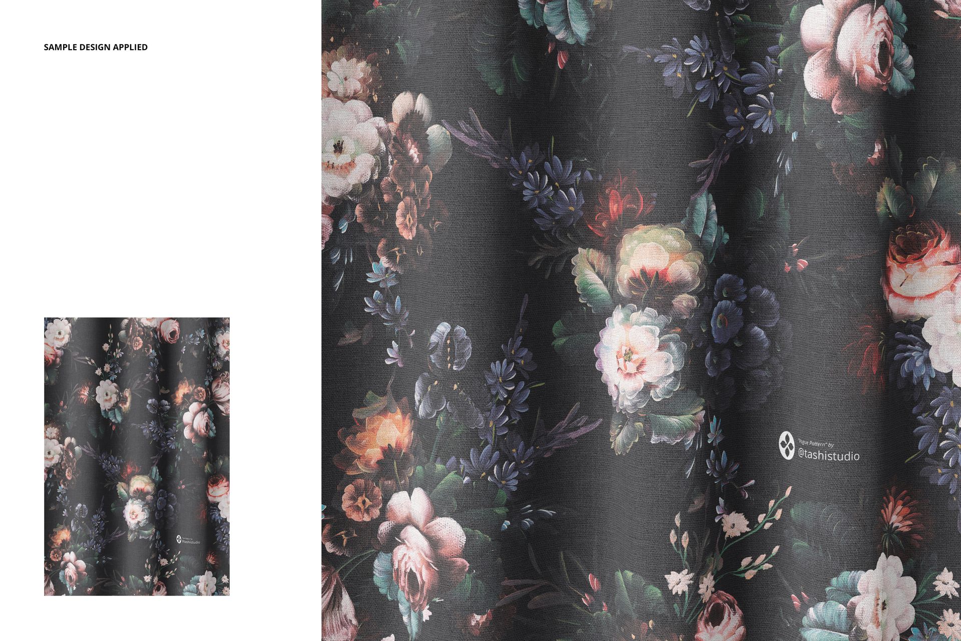 Close-up view of a linen curtain mockup featuring a dark floral pattern with roses and greenery, showing fabric texture.