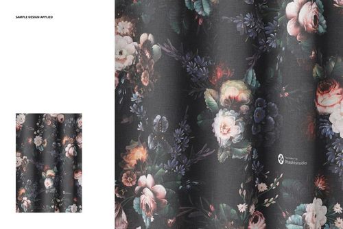 Close-up view of a linen curtain mockup featuring a dark floral pattern with roses and greenery, showing fabric texture.