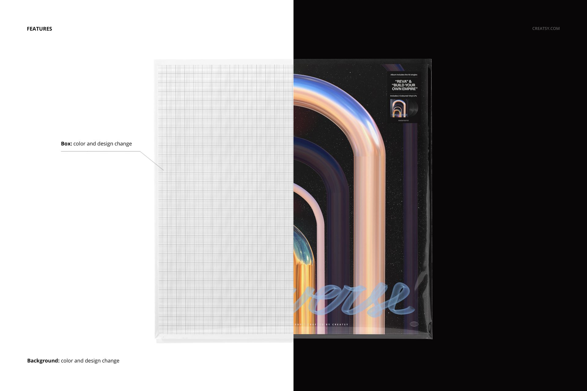 Black vinyl record in a transparent box sleeve mockup, shown from a top view with a split background in white and black.