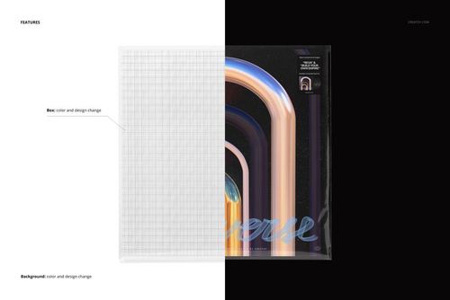 Black vinyl record in a transparent box sleeve mockup, shown from a top view with a split background in white and black.