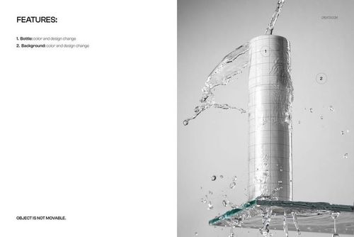 Tall pump cosmetic bottle mockup with grid pattern, surrounded by dynamic water splash, front view on white background.