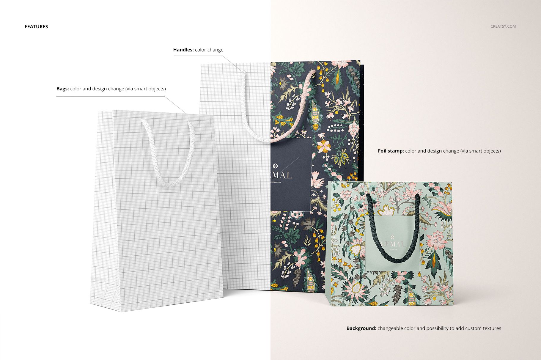 Three paper bags mockup set with customizable surfaces, shown with grid and floral prints, displayed side by side.