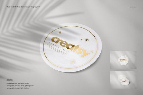 PSD mockup of a circular sticker featuring gold accents and stars, displayed on a neutral background with leaf shadows.