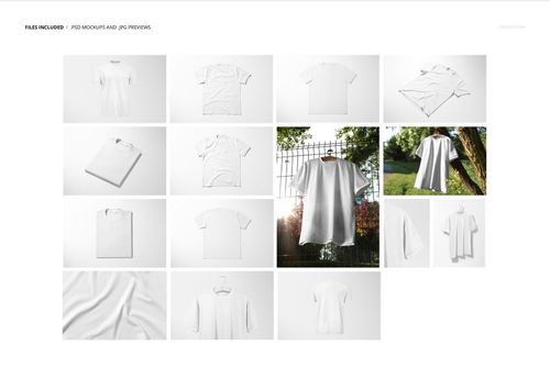 Oversized white t-shirt mockup set displayed in various views, including flat lay, hanging, and outdoor scenes.