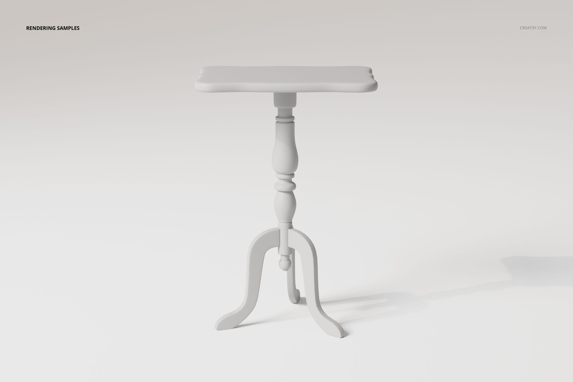 Round side table with ornate baroque-style legs and a smooth top, shown in a neutral studio setting, front view.