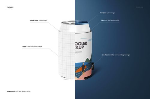 Neoprene can cooler mockup featuring a beverage can, split background with white and blue, front view with editable label.