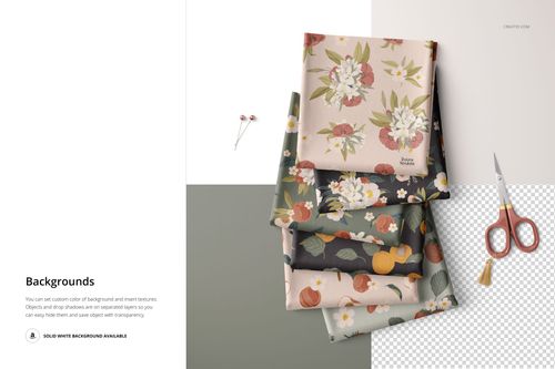Folded fabrics mockup featuring multiple layers with floral designs, scissors, and pins on a neutral split background.