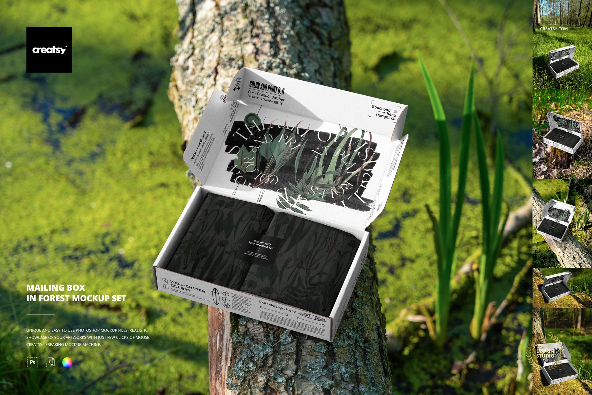 PSD mockup of a rectangular mailing box with printed design, placed outdoors on a tree surrounded by green moss.