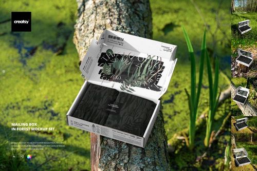 PSD mockup of a rectangular mailing box with printed design, placed outdoors on a tree surrounded by green moss.