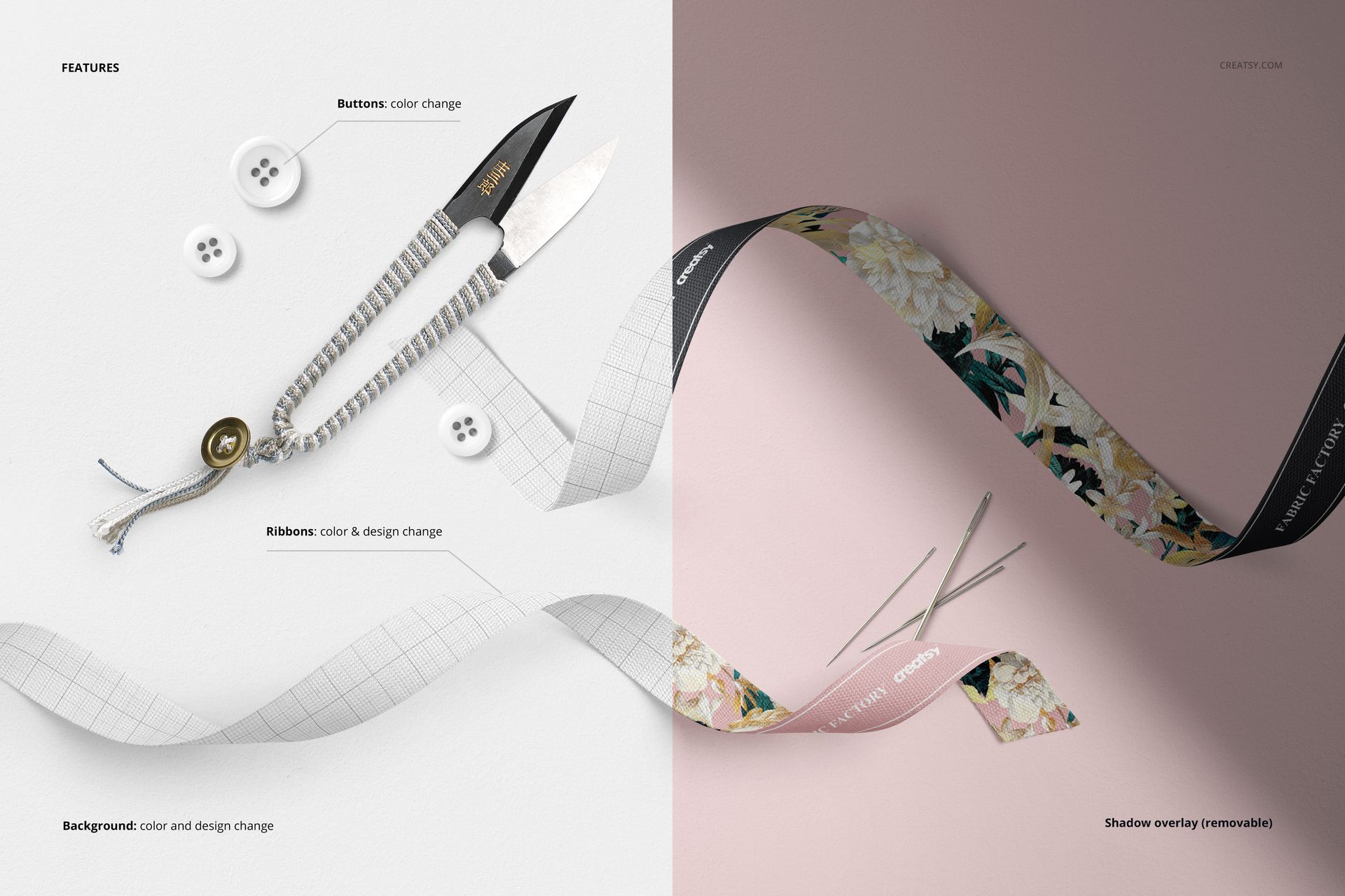 Top view of thread snips, cotton ribbons, and buttons arranged on split white and pink backgrounds with editable mockup overlays.