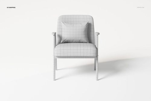 Front view of a wood frame armchair with a pillow, featuring a light gray grid pattern on both the chair and cushion.