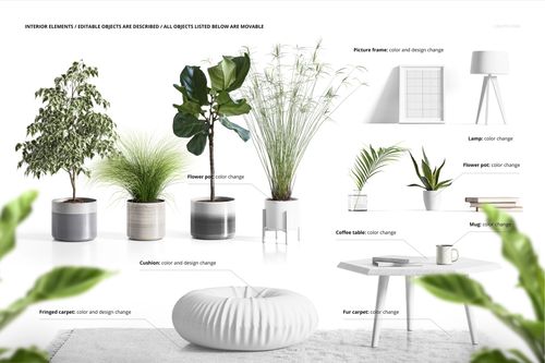 Front view of a wall tapestry mockup set in a modern interior scene, featuring plants, a lamp, framed art, and decor props.