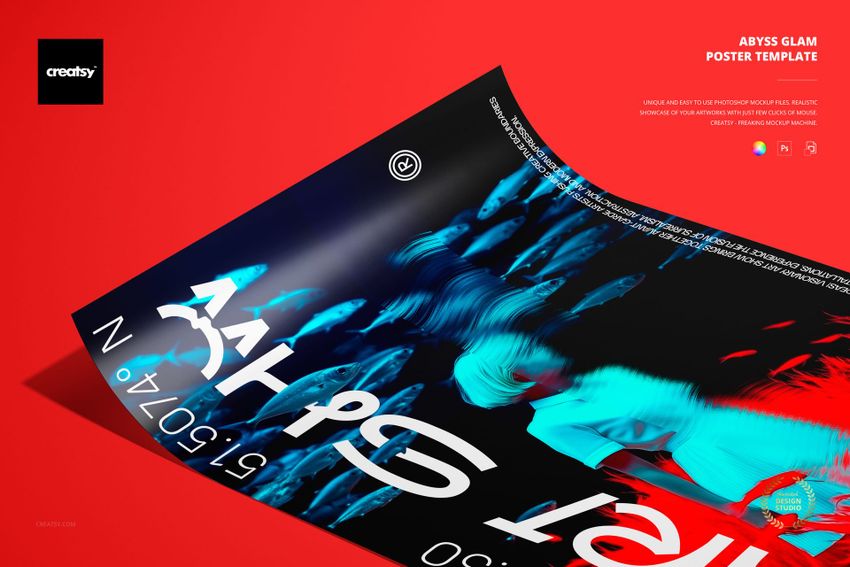 Abyss Glam poster template mockup featuring a glossy print with bold blue fish design on a red surface.