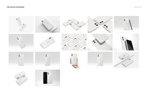 Set of iPhone 11 devices in clear cases displayed in various angles and positions on a white background, mockup style.