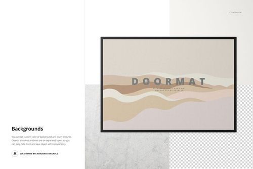 PSD mockup of a rectangular door mat with muted pastel wave design, placed against a simple textured background.