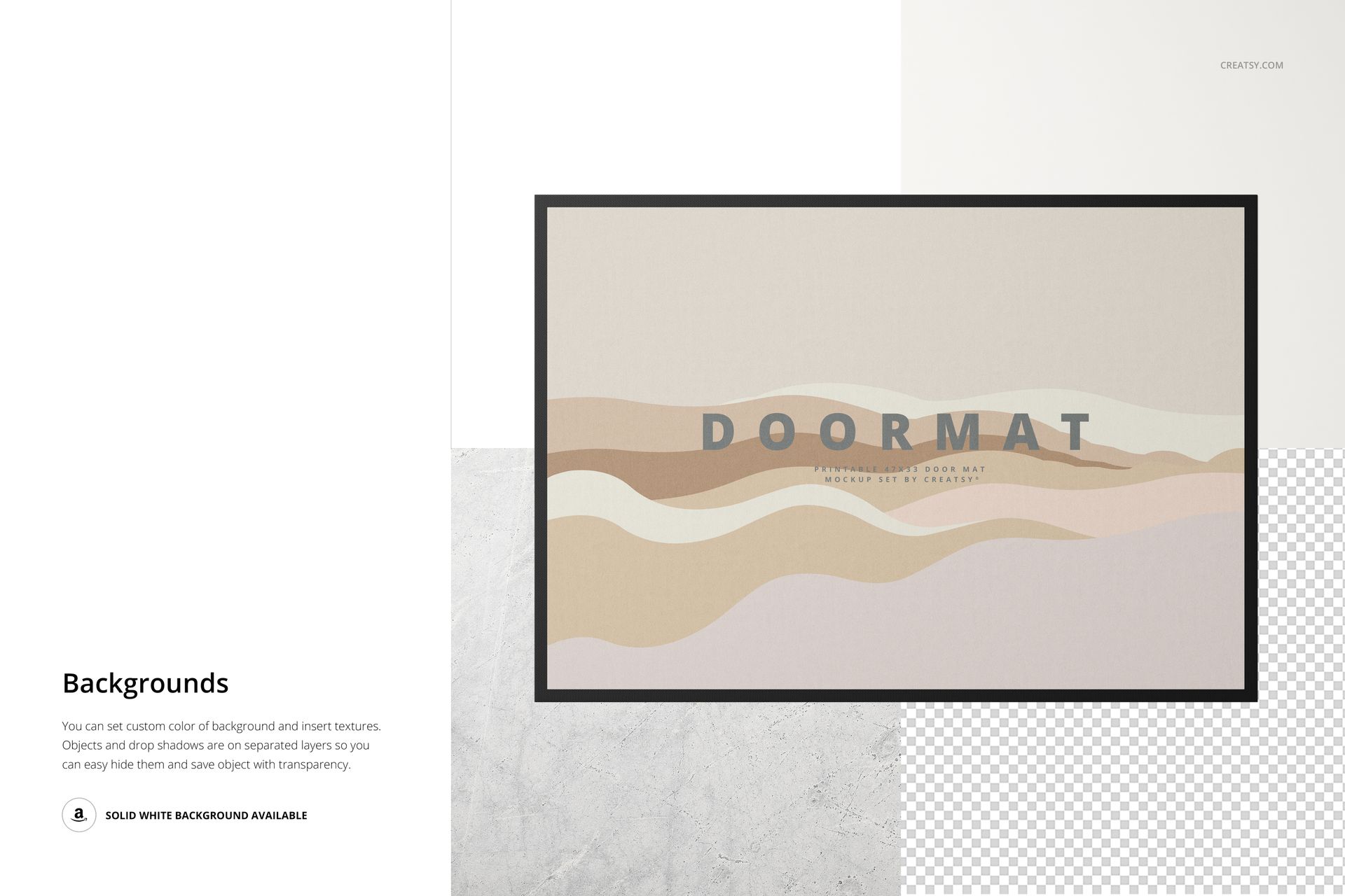 PSD mockup of a rectangular door mat with muted pastel wave design, placed against a simple textured background.