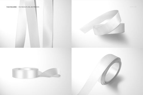 Set of white ribbon mockups shown from various angles, including rolled and loosely arranged on a clean surface.