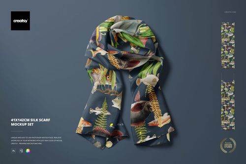 41x142cm silk scarf mockup featuring a botanical and fish design, draped neatly against a solid backdrop.