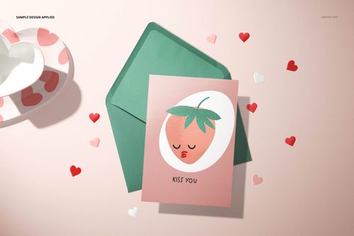 Paper Valentines card mockup featuring a pink card with strawberry artwork, green envelope, and heart-shaped confetti.