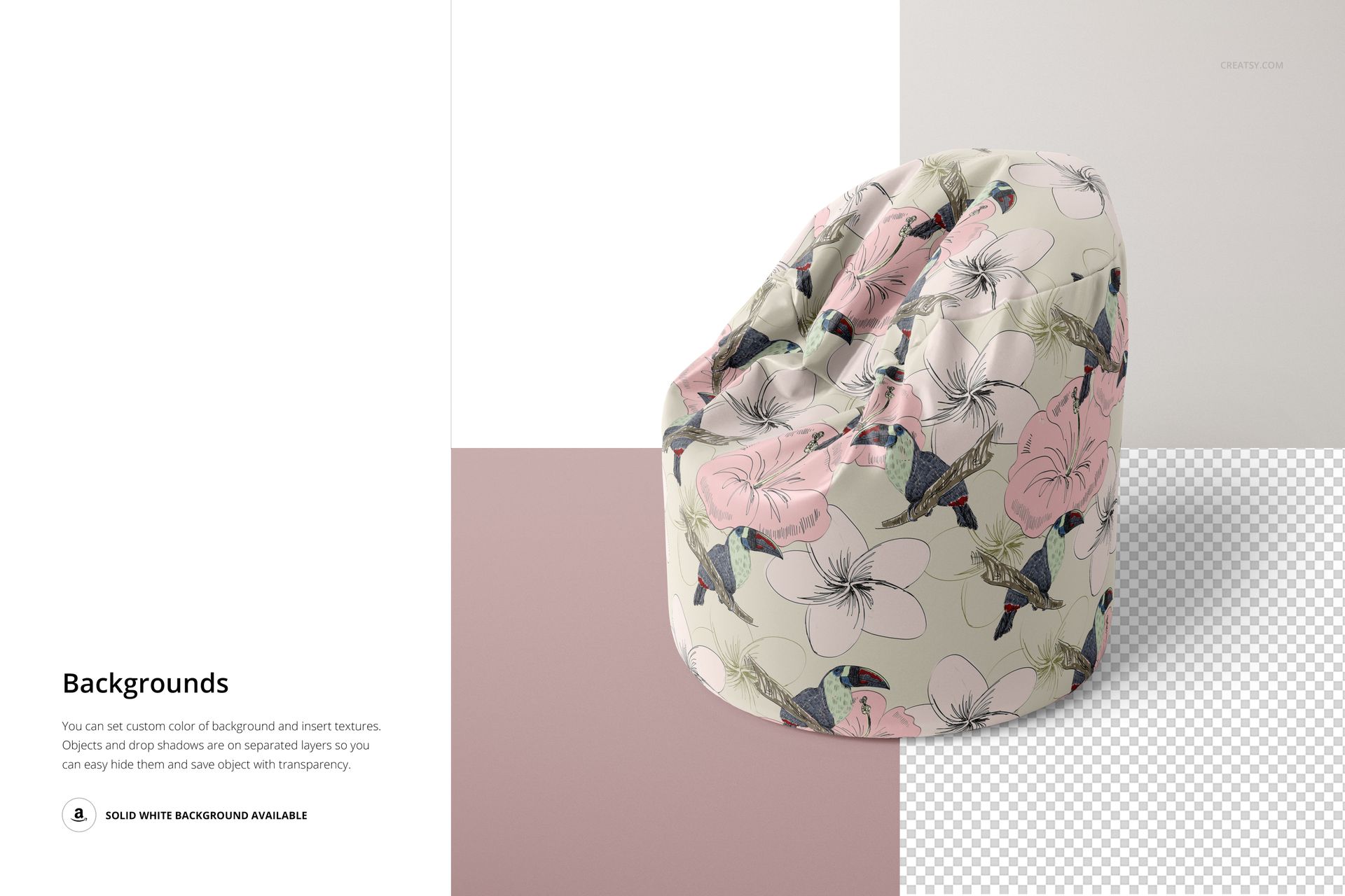 PSD mockup of a rounded adult bean bag, decorated with large flowers and birds in soft pink and green, shown on a split background.