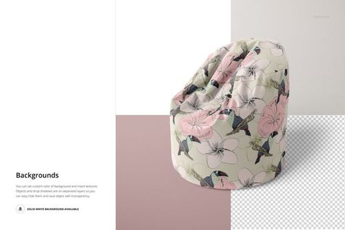 PSD mockup of a rounded adult bean bag, decorated with large flowers and birds in soft pink and green, shown on a split background.