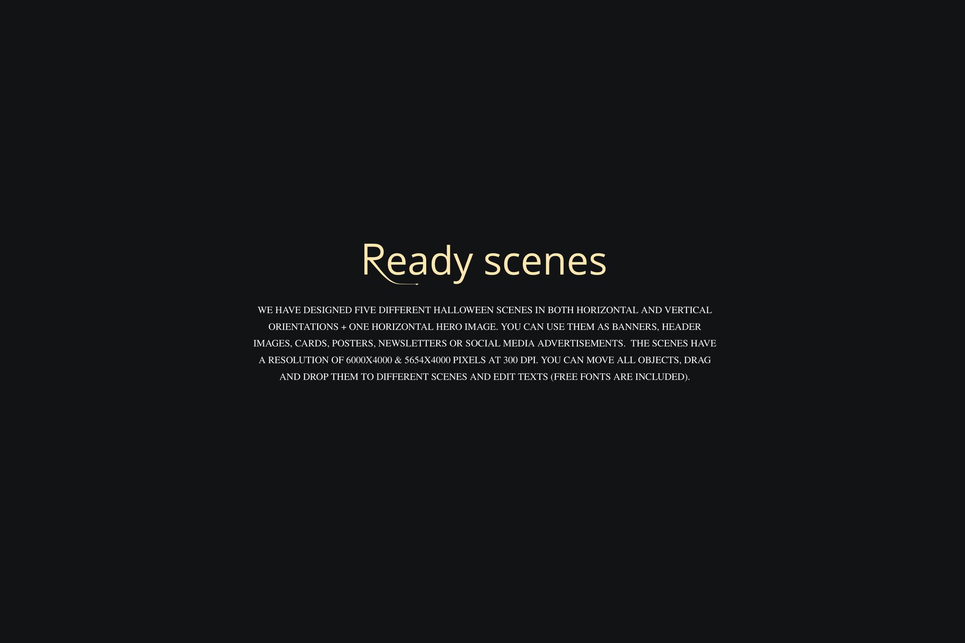 Centered text on a dark background describes ready-made Halloween scenes for mockup use, with gold and white lettering.