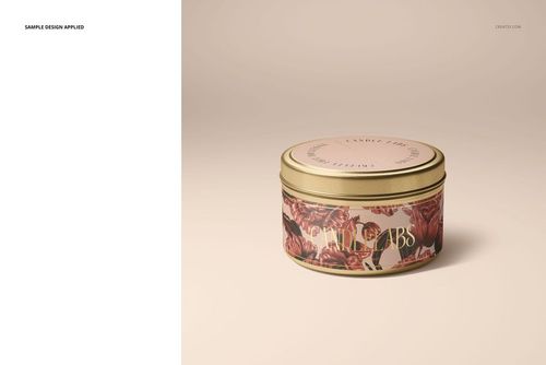 Front view of a 4 oz candle tin mockup featuring a gold lid and decorative floral design, set against a neutral background.