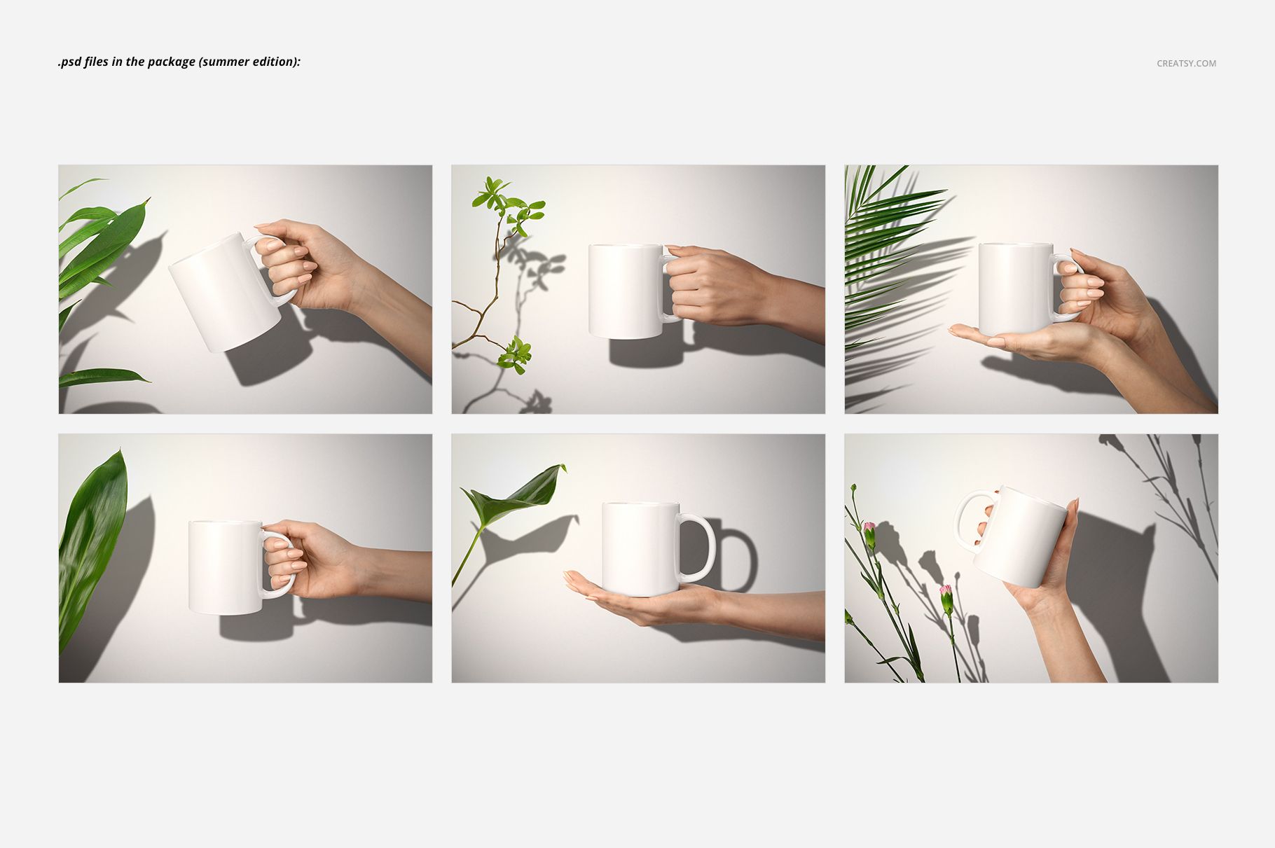 Six white 11oz mugs shown in various hand-held positions against light backgrounds with green plant accents.