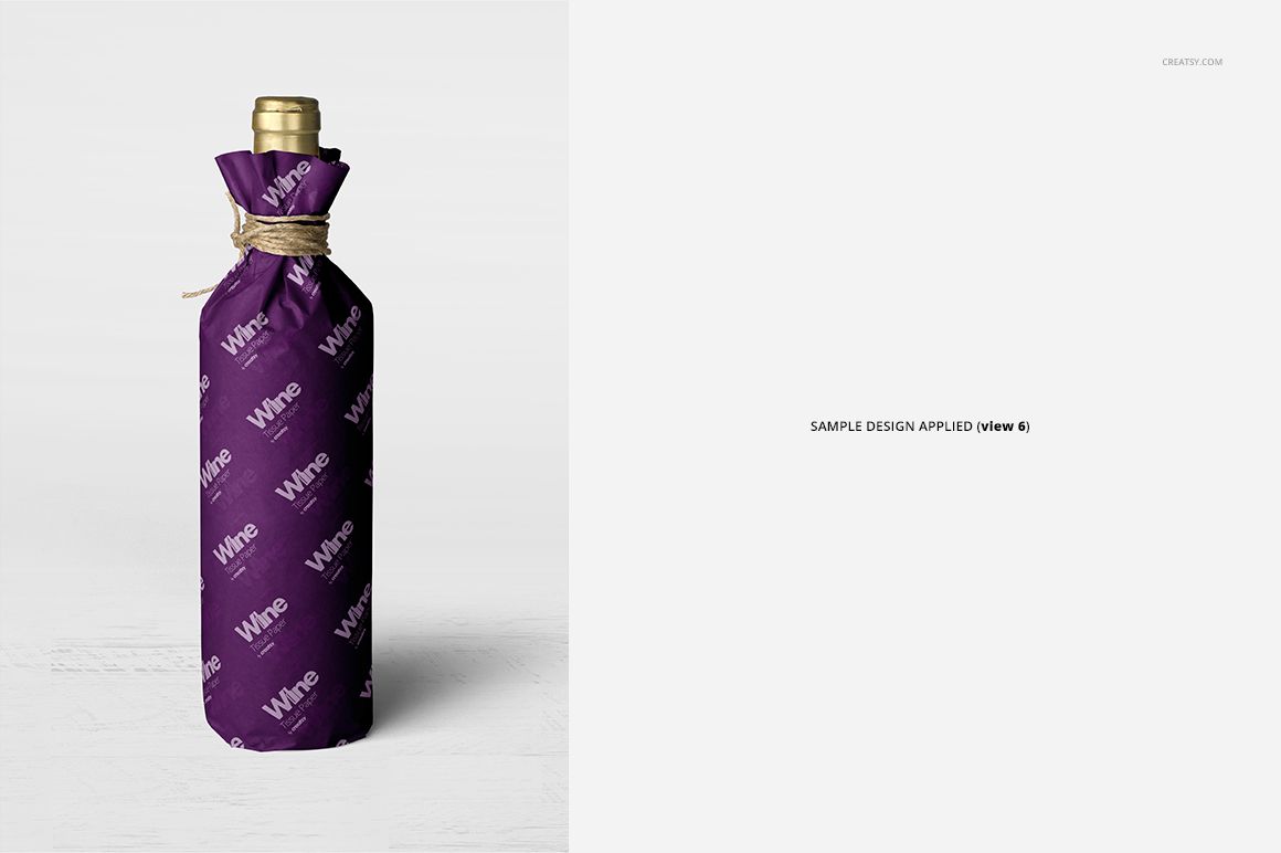 Mockup of a wine bottle covered in purple wrapping tissue paper with repeating white lettering, front perspective.