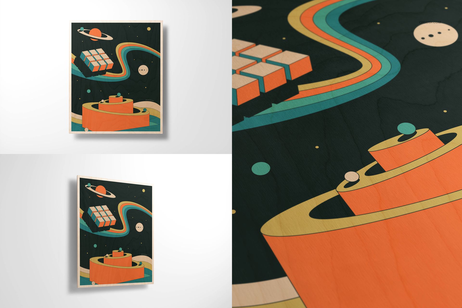 Plywood wall art mockup with vibrant geometric space design, displayed in close-up and full front perspectives.
