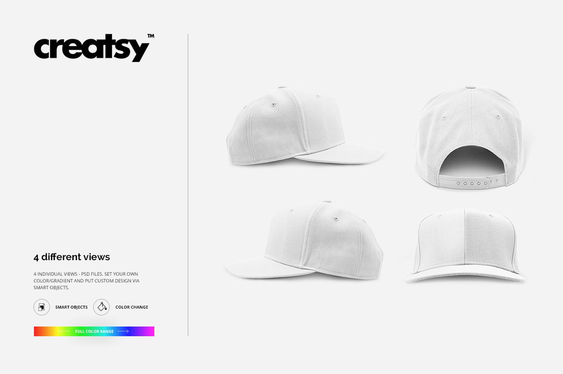 White snapback cap mockup set showing four views including front, back, and both side angles on a plain background.