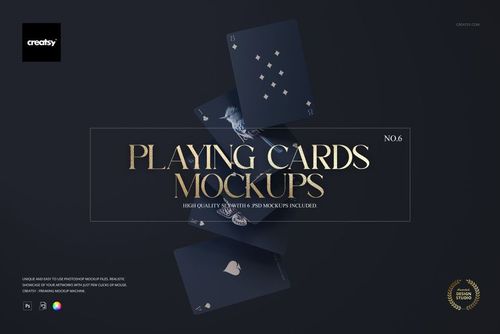 Floating playing cards mockup with dark blue cards featuring gold and silver accents, set against a black background.