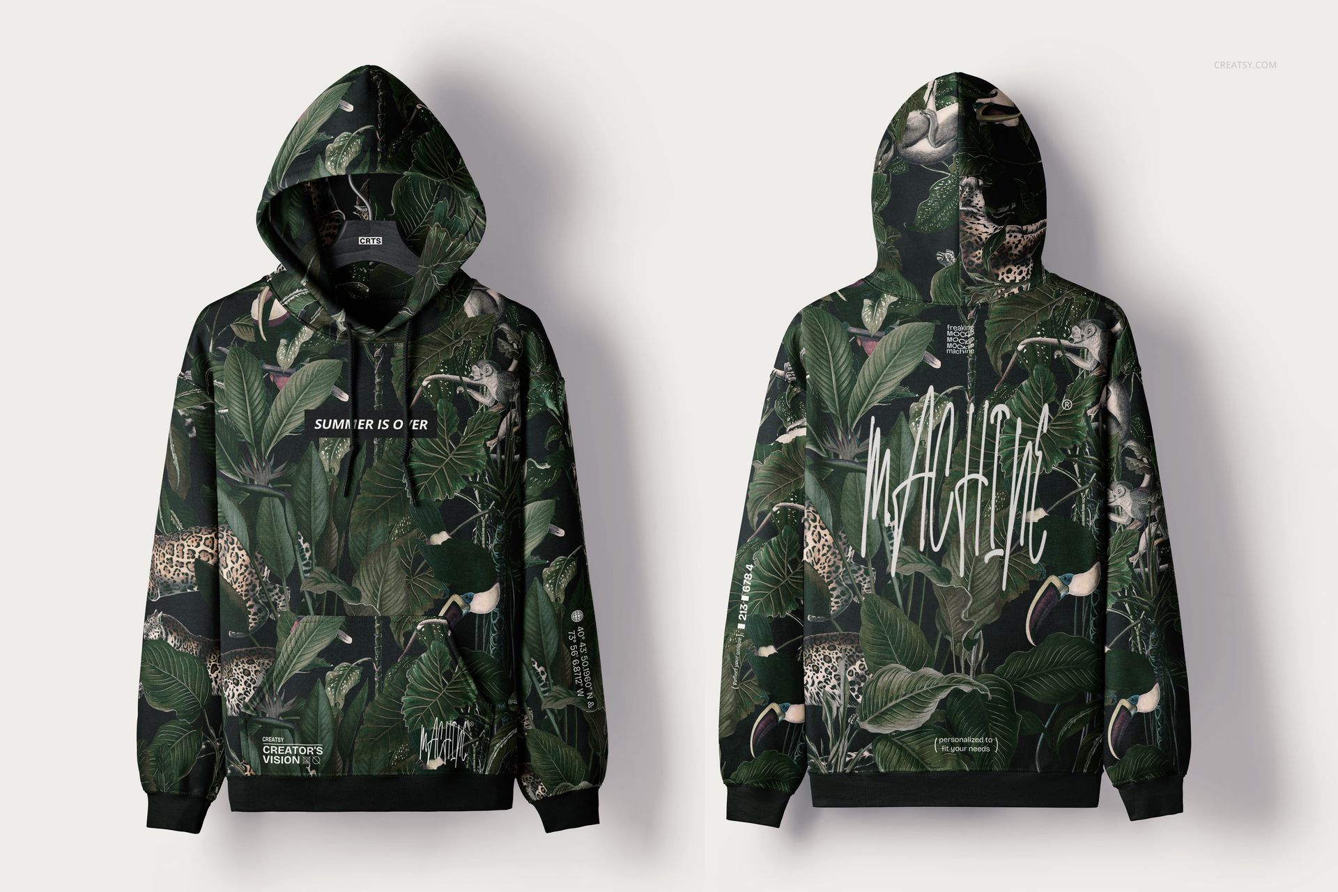 Front and back view of a Gildan 18500 hoodie mockup featuring a dark green jungle pattern with leaves and animals.